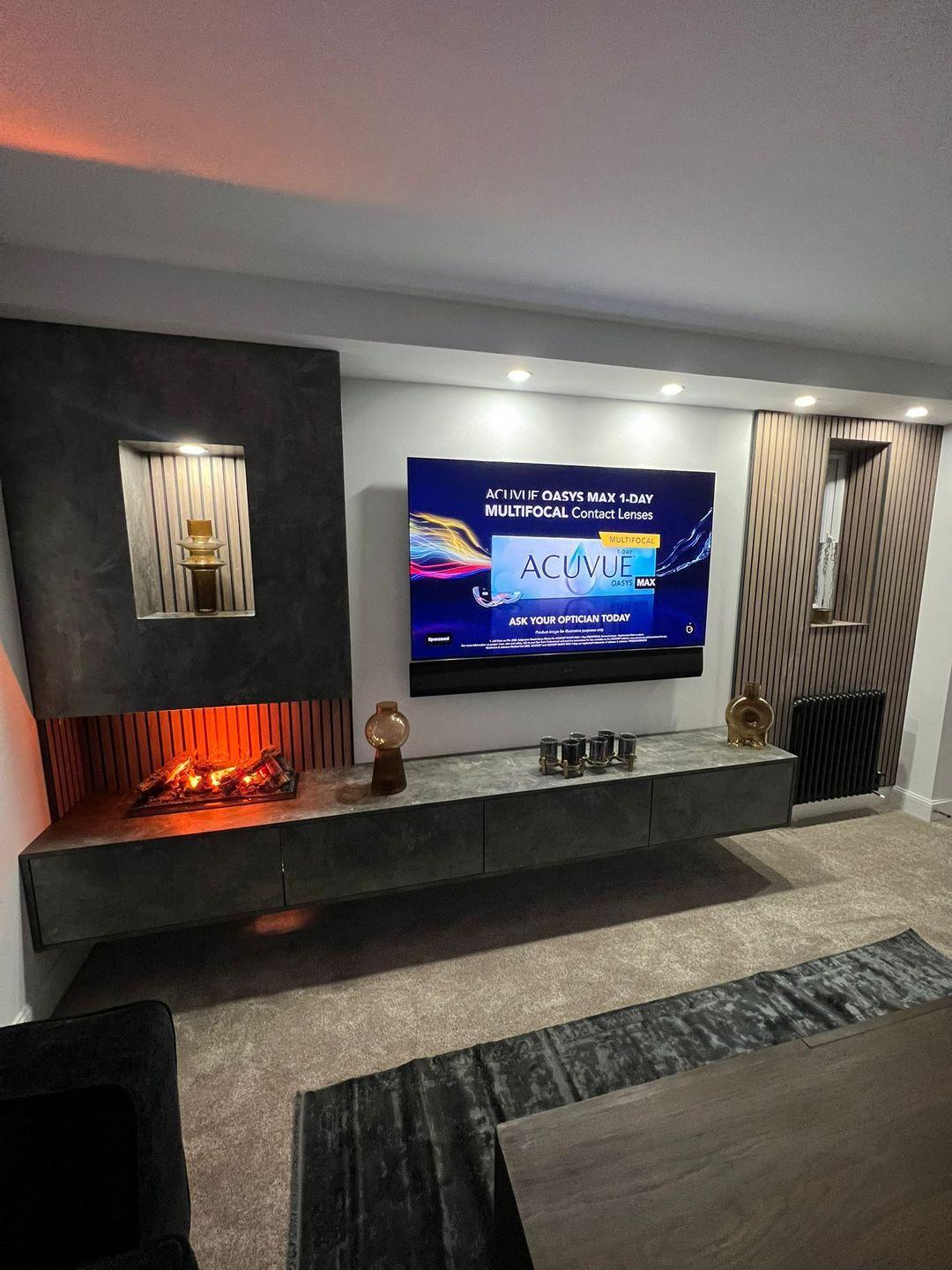 Contemporary media wall with integrated storage and ambient lighting